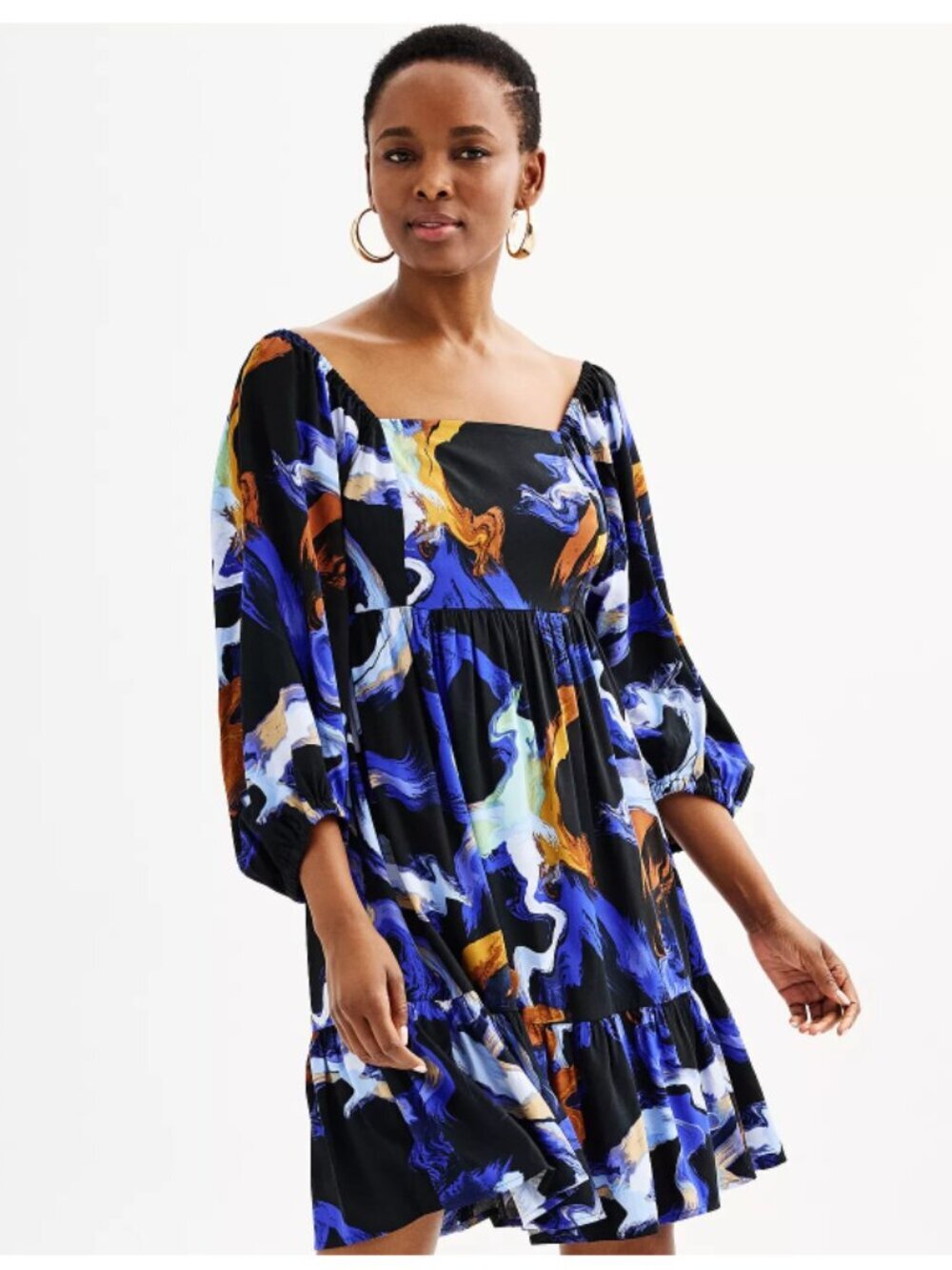 Nine West Long Sleeve Squareneck Babydoll Dress Blue Abstract Marble Prnt Size L